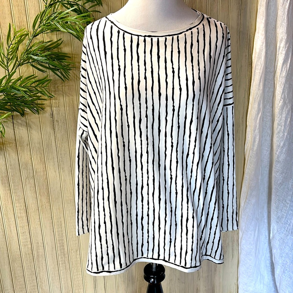M x Matthildur Artful Home White/Black Stripes Lagenlook Shirt, Small/Med, EUC
